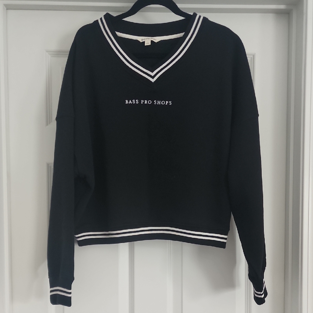Bass Pro Shops Black V-Neck Sweater with White Stripe Detail